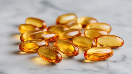 Softgel omega capsules arranged neatly on marble background, supplement concept