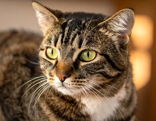 Obraz premium A close-up portrait of a feline with striking green eyes and patterned fur. Its whiskers are long and the focus is on its face