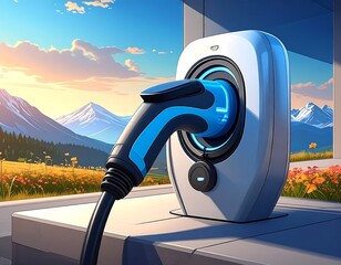 Electric Vehicle Charging Station Scenic Landscape.