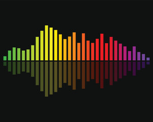 Colorful rainbow sound equalizer bars with reflection on black background. Vibrant audio wave spectrum design perfect for music, DJ, and party visuals. Futuristic digital rhythm vector illustration fo