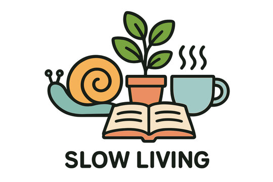 Slow living illustration featuring a plant, coffee, book, and snail vibrant slow living