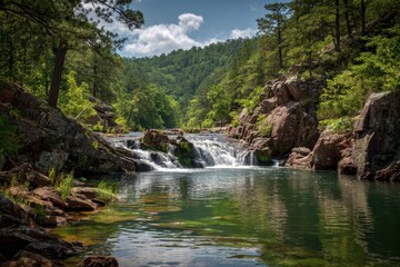 Obraz premium Ouachita Mountains: Serene Waterfalls and Tranquil Lakes in Central Arkansas' Scenic Foothills