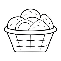 A charming coloring page featuring a basket full of fresh bread loaves, ready to color with warm tones, perfect for food lovers and cozy kitchen art.
