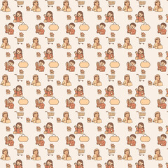 A seamless cute shopping pattern featuring cheerful people with gifts, shopping bags, and carts in warm beige and brown tones, perfect for packaging, wrapping paper, or retail-themed 