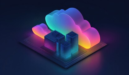 Isometric city under a vibrant cloud