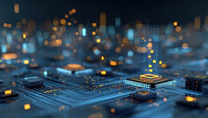 Circuit board with glowing chips in a digital city