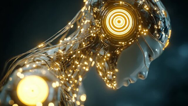 Captivating Visuals of an Intricate Cybernetic Being Adorned with Luminescent Wiring and Futuristic Headgear, Showcasing Advanced Technology and Artistry