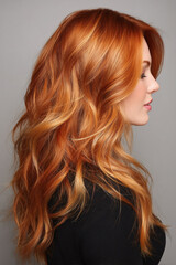 Shiny copper and peach toned long hair, glowing warmly with radiant highlights
