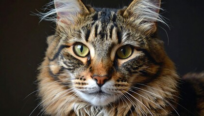 A close-up portrait of a feline with striking green eyes, brown stripes, and long whiskers set against a dark background