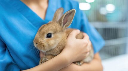 Veterinarian woman in scrubs cradling a small rabbit in her arms, veterinary clinic environment