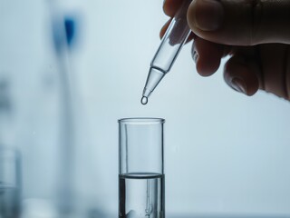 Close-up of a person's hand carefully placing a small drop of liquid from a pipette into a clear test tube in a laboratory setting. Shallow depth of field.