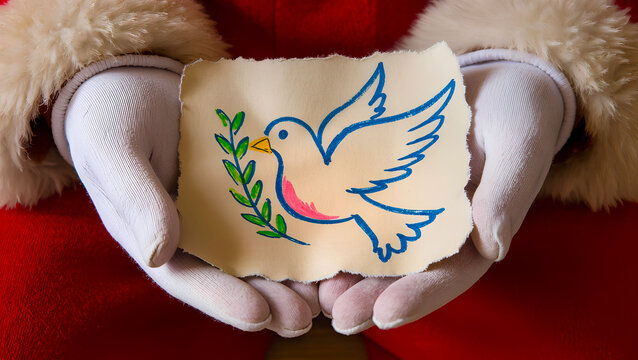 Santa Claus's hands in white gloves hold a drawing of the Dove of Peace with an olive branch. - Powered by Adobe