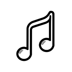 Illustration of a black and white eighth note with a curved stem on a white background design element