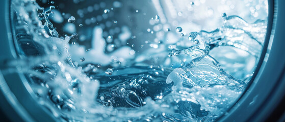 Water bubbles and splashes in the washing machine during washing — for publications about household appliances, clothing care, and washing efficiency.