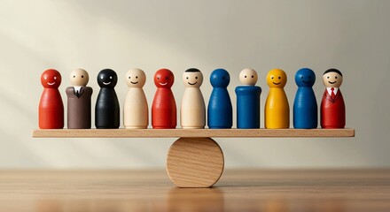 A diverse group of colorful wooden peg dolls representing people balanced perfectly on a wooden seesaw, symbolizing equality and teamwork.