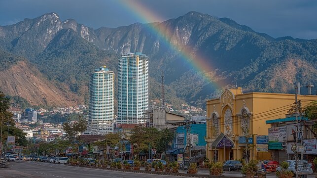 Beautiful Rainbow over Manizales Colombia with Mountains and Towers as the Backdrop
