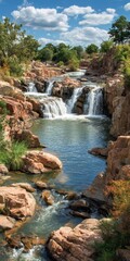 Obraz premium Serene Essence of Wichita Falls: Captivating Waterfall Surrounded by Lush Nature and Rocky Landscape
