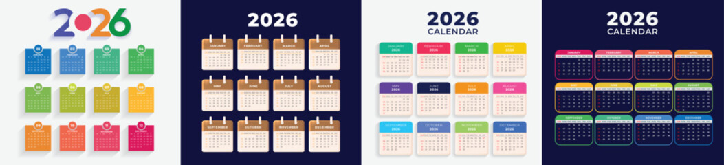 Colorful Yearly 2026 Calendar Template,  Set of calendars for 2026,