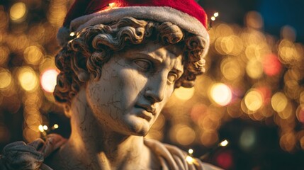 Fototapeta premium Greek plaster statue with a Christmas hat and Christmas lights in the background