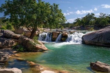 Naklejka premium Pedernales Falls: A Spectacular Texas Waterfall Surrounded by Lush Greenery and Scenic River Views