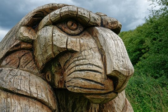 Ancient Monster Sculpture: Wooden Daemon Representation at Beowulf and Grendel Trail in West Stow Country Park, Suffolk UK