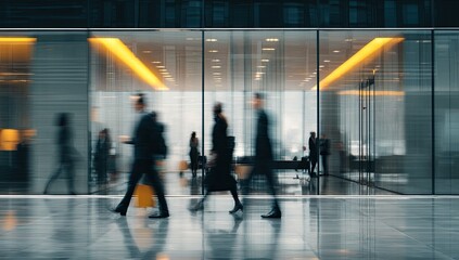 Businesspeople walking in a modern office lobby