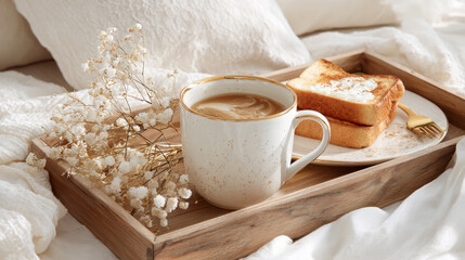 Stylish breakfast tray with white cup, toast on dish, and floral accent, modern aesthetic