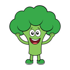 Cheerful cartoon broccoli with a big smile and wide eyes, raising his hands in excitement like he’s celebrating something fun and healthy, radiating joyful veggie vibes.
