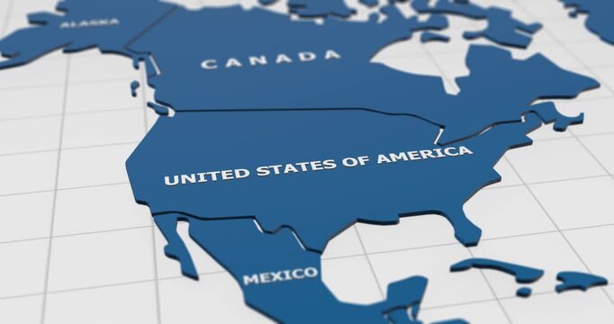 close-up 3d map of united states of america (usa) and north america region 4k animation