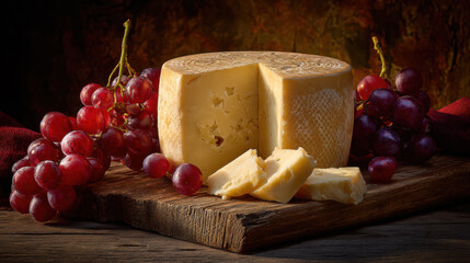 Creamy cheese wheel with sliced pieces and bunch of red grapes on wooden board, classic still life