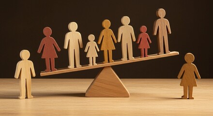 Wooden figures on a seesaw representing social inequality and balance.