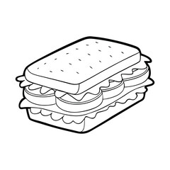 A fun sandwich coloring page featuring stacked bread slices, crisp lettuce, cheese, tomato, and deli layers. Simple outlines invite kids to color each tasty detail creatively.
