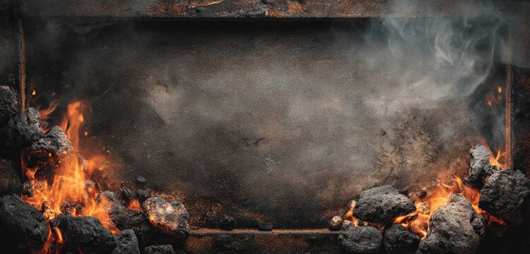 Hot coals, smoke, and fire in a metal frame