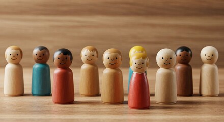 A diverse group of wooden peg dolls with different skin tones and colors standing together, representing community, inclusion, and equality.