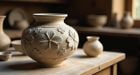 An antique pottery vase with detailed patterns sits on a wooden table in a cozy rustic room.
