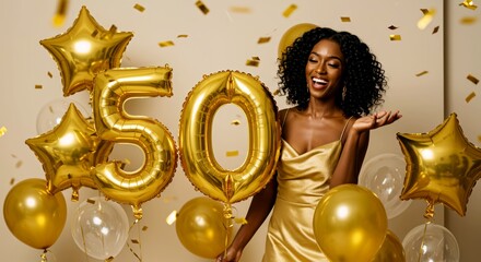 Young black woman celebrating 50th birthday with gold balloons  