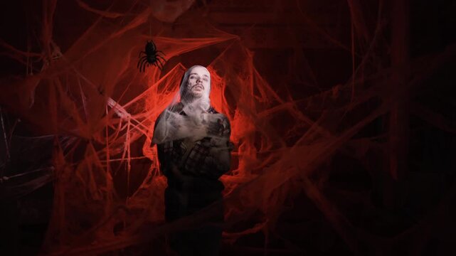 Dramatic zombie man trapped in spiderwebs sleeping on red background. Halloween fantasy horror scene.