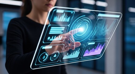 Futuristic Data Analysis: Woman Interacting with a Luminous Holographic Dashboard