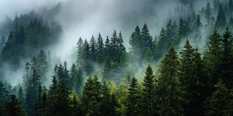 Misty mountain forest scene