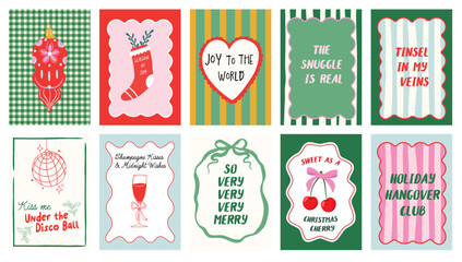 Merry Christmas and Happy New Year print set with Bows, wavy borders. Colorful retro quotes and icons stocking, ornament, cherries, disco ball, and joyful messages. Perfect holiday decor, art posters.