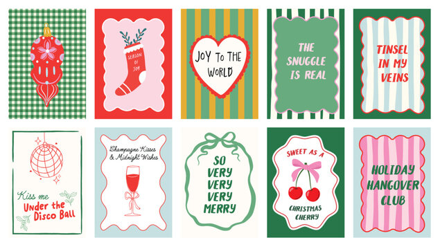 Merry Christmas and Happy New Year print set with Bows, wavy borders. Colorful retro quotes and icons stocking, ornament, cherries, disco ball, and joyful messages. Perfect holiday decor, art posters.