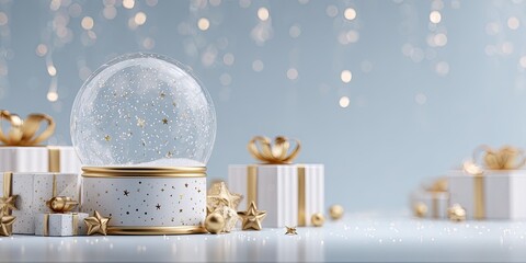Festive snow globe and gifts on a light blue background
