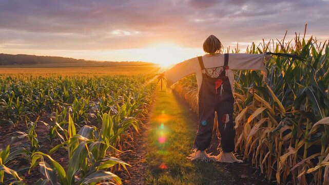 Scarecrow Standing Guard in a Cornfield at Sunset, Rural Landscape, Agriculture, Farming, Autumn Harvest, Golden Hour Lighting