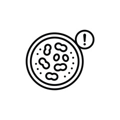 Microscopic bacteria culture in petri dish with warning symbol indicating contamination or alert