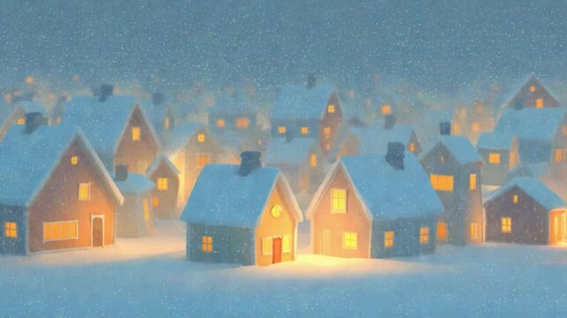 A serene winter evening in a quaint village as snow gently falls over charming houses, illuminated warmly from within, creating a magical and cozy atmosphere.