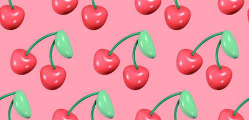 Bright red glossy cherries in a playful pattern on a vibrant pink background create a cheerful pop-art aesthetic perfect for design projects and summer themes.