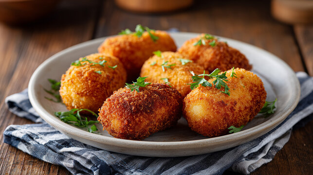 Delicious potato croquettes served on a plate with fresh parsley