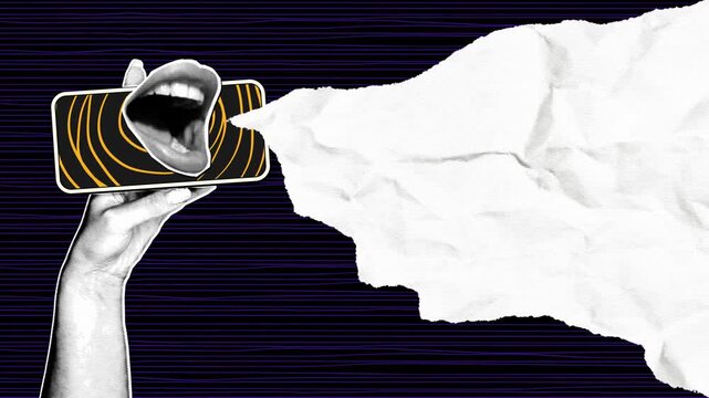 Hands with halftone effects hold a lens as paper cutout lips emerge. Crumpled paper texture provides space for text in a flashy, animated style inspired by pop art.