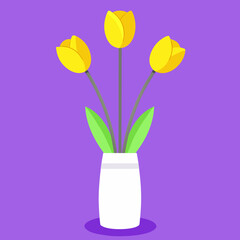Three yellow tulips in a white vase art on transparent background