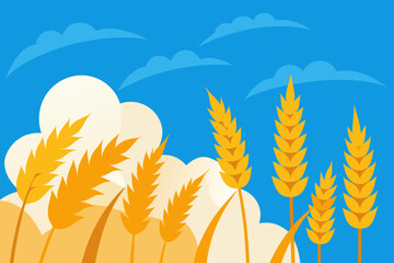 Wheat field with clouds and blue sky view on transparent background